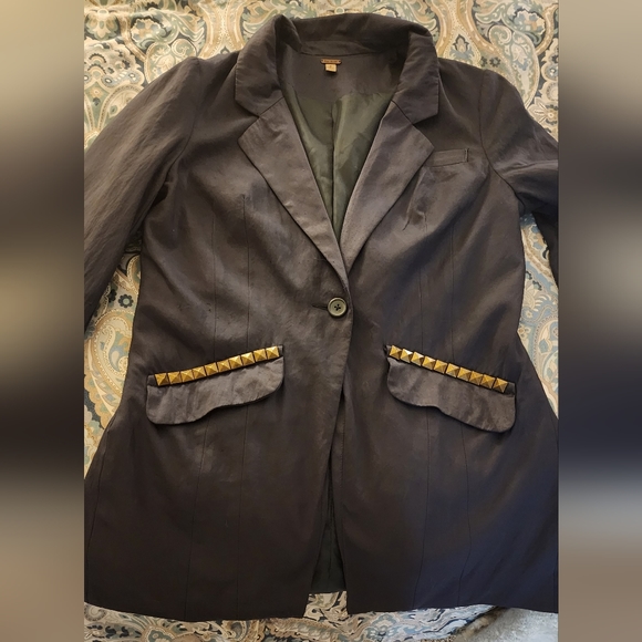 Free People- very GUC- steel blue,long blazer with  studs on pockets. Size 8 - Picture 7 of 7